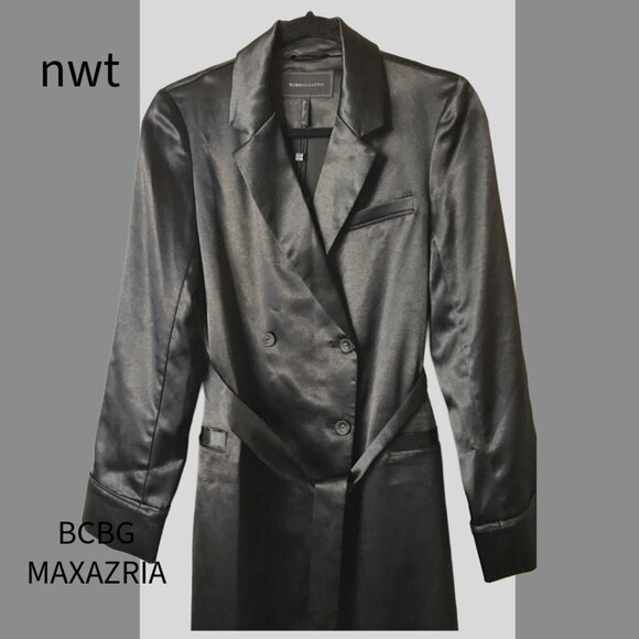 NEW NWT Black BCBGMAXAZRIA Satin Trench Coat with Lace Bottom, SZ XS - Picture 4 of 7
